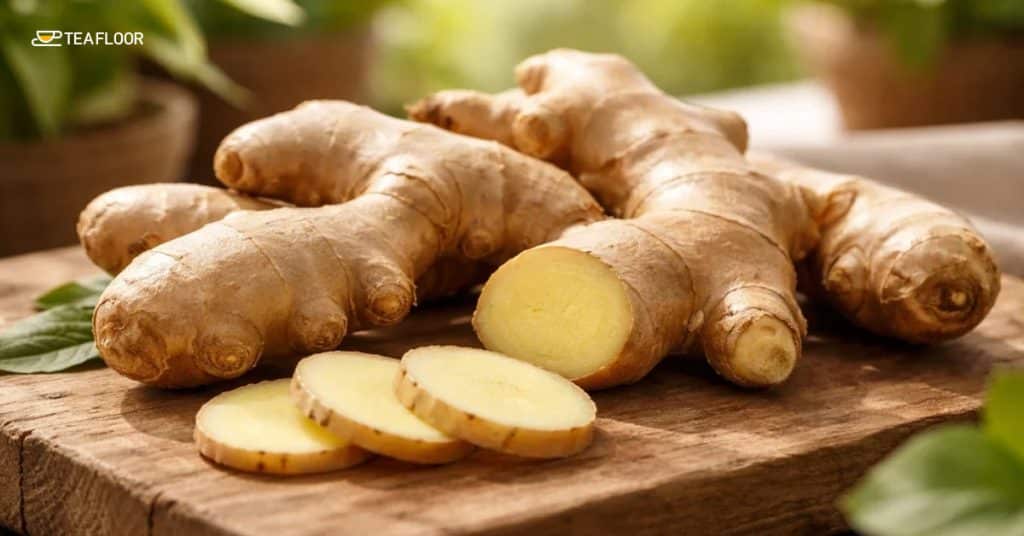 Fresh ginger root on a wooden table